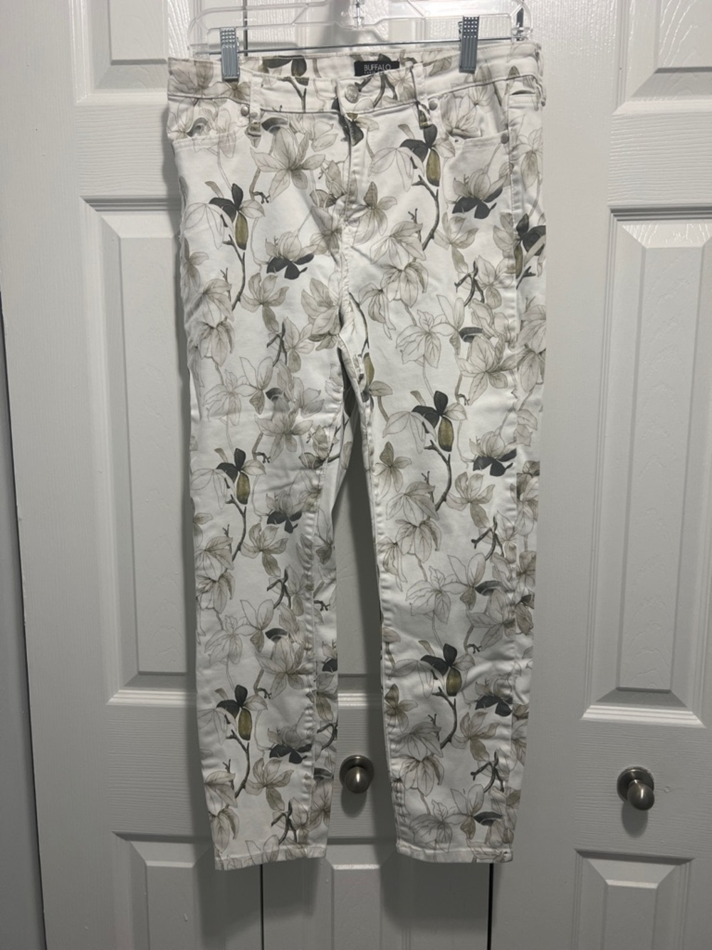 Buffalo David Bitton White Floral Slim Pants with Beige & Olive Accents